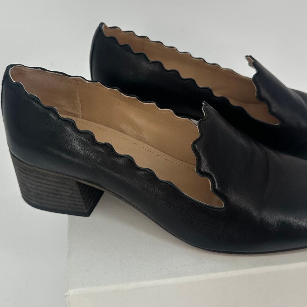 Chloe Leather Scalloped Accent Pumps Loafer Heel - Picture 4 of 9